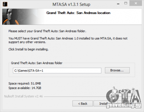 Окно указания директории установки MTA San Andreas